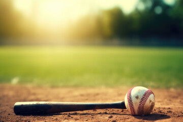 Baseball bat and ball on the field with sunlight in the background.