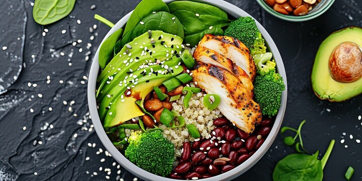 Balanced healthy lunch , chicken , fish , cereals , avocado ,grilled, a combination of vegetables  background , wallpaper