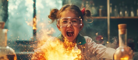 Young girl conducting playful experiments in lab, resulting in explosion. Emphasizing science and education.