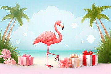 Bright flamingo and gift boxes on summer background, empty poster, shopping online