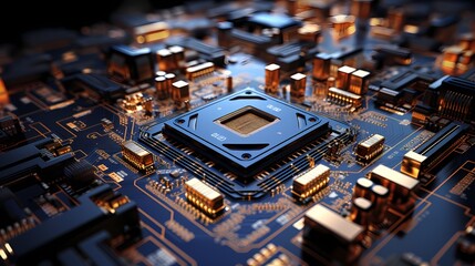 A close-up top view of a CPU with intricate circuitry and heat sinks for efficient cooling