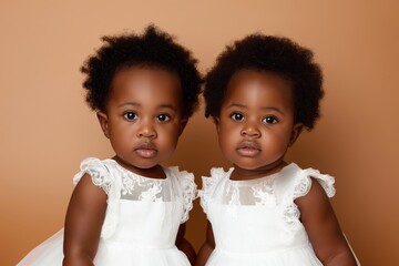 Cute African American identical twin toddlers against a pastel brown background - obrazy, fototapety, plakaty