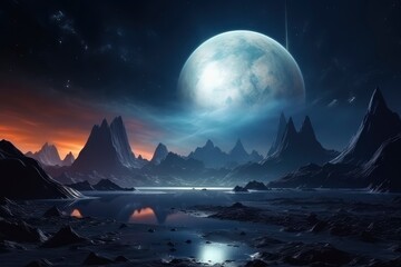 Alien Landscape with Giant Moon and Starry Sky