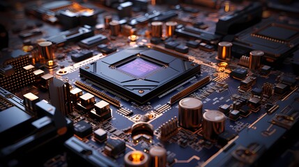 A close-up top view of a CPU with intricate circuitry and heat sinks for efficient cooling