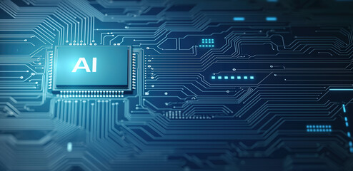 Minimalist Artificial intelligence micro chip on blue circuit board