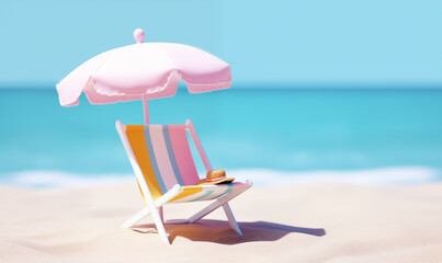 Little pink parasol and chair on the beach, summer vacation concept