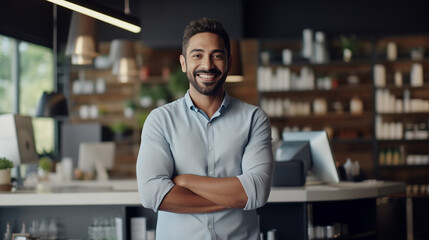 A bearded man in a dotted blue shirt exudes warmth and professionalism, arms crossed in a modern kitchen-like office space that blends homeliness with a corporate atmosphere.