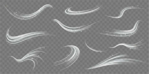 	
Luminous white lines of speed. Twist white line. Light trail wave, fire path trace line and incandescence curve twirl. Abstract motion lines.	
