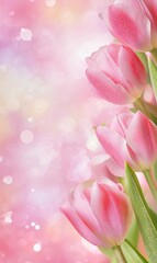 Fototapeta premium Spring, floral banner, template, background with space for advertising. Delicate tulips on a pink background with glitter, with copy space.