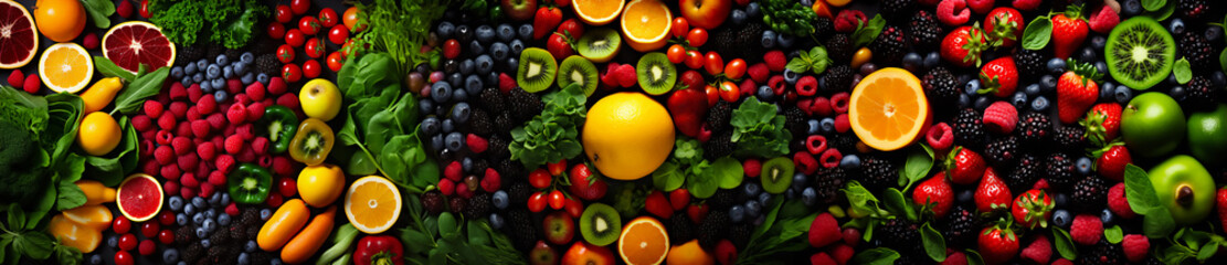 Image of a lot of fruits, berries and citrus fruits as a background
