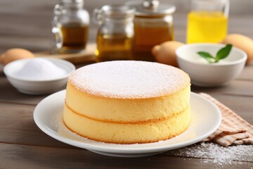 Delicious homemade sponge cake on white plate with ingredients.