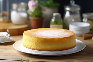 Delicious homemade sponge cake on white plate with ingredients.