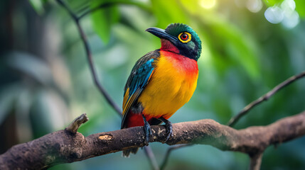 Rare bird sitting on a tree branch, with pronounced colors