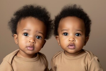 Cute African American identical twin toddlers against a pastel brown background
