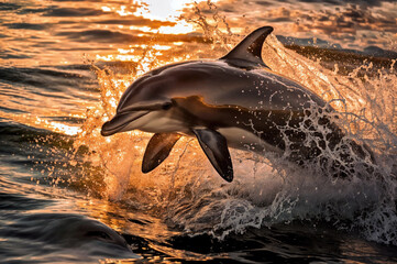 Cute dolphin jumping out of the water at sunset, with the orange glow of the sky reflecting off its back. Amazing Wildlife
