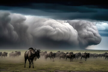 Obraz premium Stunning image of a Herd of wildebeest in a green field as a big storm approaches. Amazing African wildlife.