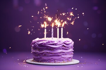 Purple birthday cake with sparkler on purple background. - obrazy, fototapety, plakaty