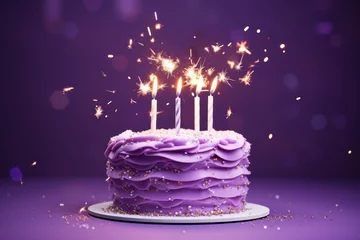 Fotobehang Purple birthday cake with sparkler on purple background. © darshika