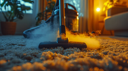 A house cleaner's precision shines through as they vacuum, leaving carpets flawlessly groomed and rooms free from dust