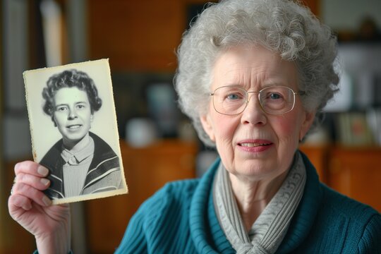 An 80 years old grey-haired English woman showing to the camera an old black and white photo of herself as a young woman, looking at camera at home