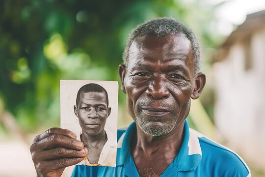 Black man in his 70s holding an old photograph of himself when he was young and showing it to the camera looking at the camera