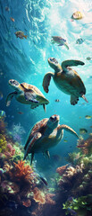 Fototapeta na wymiar Large sea turtles swim among the coral reefs. Tropical paradise. Realism. Illustration. Endangered animals.