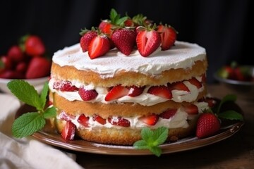 Obraz na płótnie Canvas Strawberry Summer Cake with Cream Cheese and Fresh Strawberries