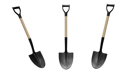 Three shovels with wooden handles and long handle, all in different colors. On isolated background © VISUAL BACKGROUND