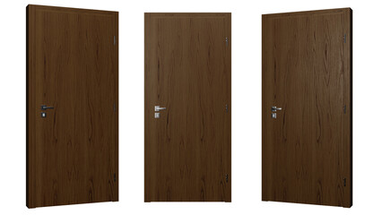 Set of three doors with handle on each side. On isolated background