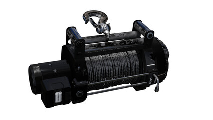 Winch with rope and hook on it. On isolated background