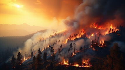 Forest fire in progress. Composite with different elements 