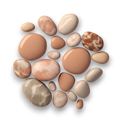 flat-lay view. Translucent and round pebbles in a brown and beige hue with beautiful patterns isoalted on transparent background. 