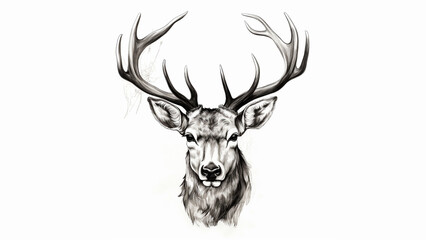 pen and ink sketch, head of deer with antlers, white background