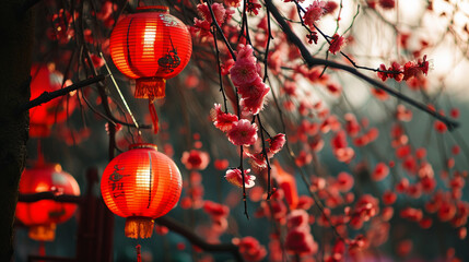 Charming Chinese Red Lanterns Swinging from Trees: New Year Elegance