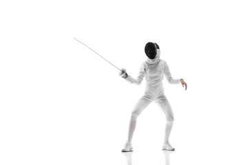 Fencing apparel. Displaying the specialized gear and clothing designed for safety and agility in fencing. Female fencer training on white background. Concept of sport, competition, championship, hobby