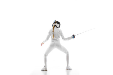 Women in competitive sports. A female fencer in action, promoting women's participation in...