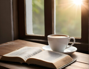 open bible on a table and cup of coffee