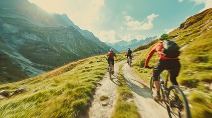 Fototapeta premium Cyclists riding bicycles on a trail outdoors on a sunny day, motion blur