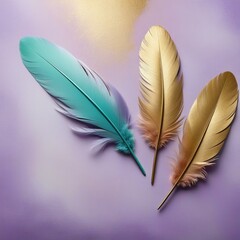 Soft Diffuse Lavender Purple Background with Gold and Soft Teal Feathers