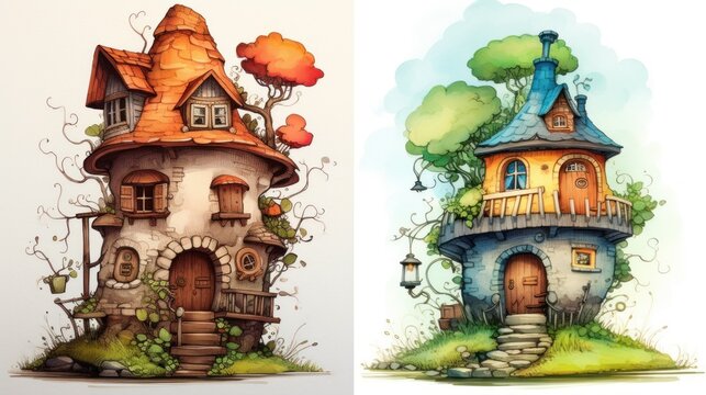 A delightful watercolor depicting two charming fairy tale houses, each a quaint home in a fantasy world..