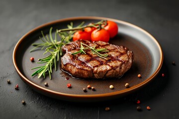 Juicy grilled beef steak with spices and rosemary on a ceramic plate on the black table