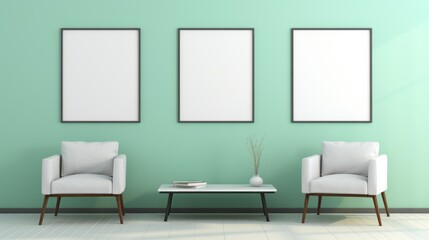 A coffee table, two armchairs and three white empty canvases on a light green wall.