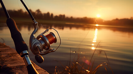 fishing rod on the background of the lake, fishing tackle. Generative AI - obrazy, fototapety, plakaty