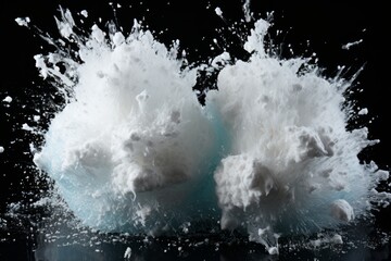 Obraz na płótnie Canvas Explosion by an impact of a cloud of particles of powder of white color on a black background. White powder explosion isolated on black background. White dust particles splash.Color