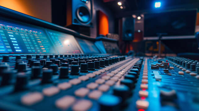 selective focus shot of Modern interior of professional recording studio with music production equipment, sound mixing console, digital control panel for audio record industry