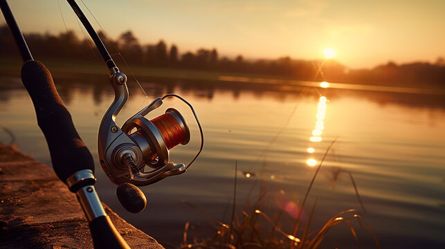 fishing rod on the background of the lake, fishing tackle. Generative AI  Stock Illustration