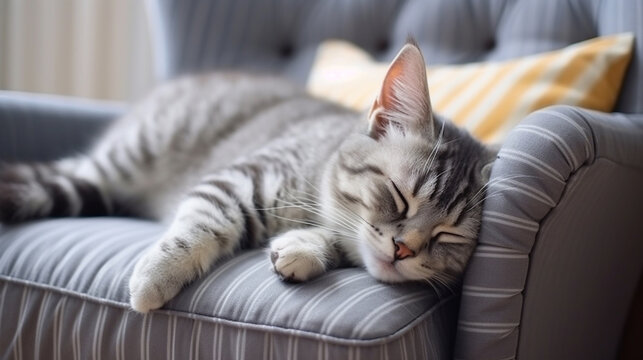 A grey cat sleeps on a grey sofa - Powered by Adobe