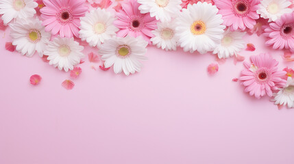 Several white and pink flowers - daisies, chrysanthemums on a pink background.Generative AI