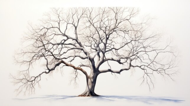 Lonely tree in a watercolor drawing on a white background - an organic symbol of nature's beauty.