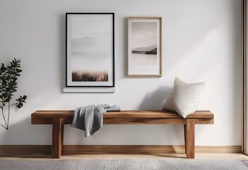 the picture is of two landscapes on a wall with a wooden bench - obrazy, fototapety, plakaty